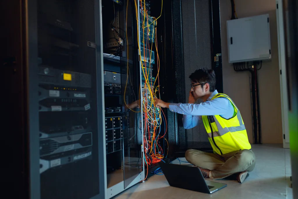 Asian male engineer with laptop talking on smartphone while inspecting in computer server room